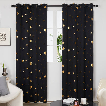 Cortinas Deconovo para habitación infantil con estampado de estrellas doradas metalizadas y efecto oscurecedor (juego de 2 paneles)
