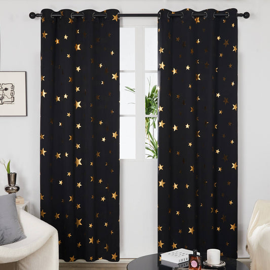Cortinas Deconovo para habitación infantil con estampado de estrellas doradas metalizadas y efecto oscurecedor (juego de 2 paneles)