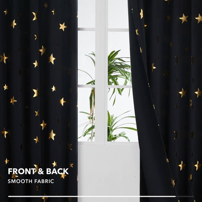 Cortinas Deconovo para habitación infantil con estampado de estrellas doradas metalizadas y efecto oscurecedor (juego de 2 paneles)