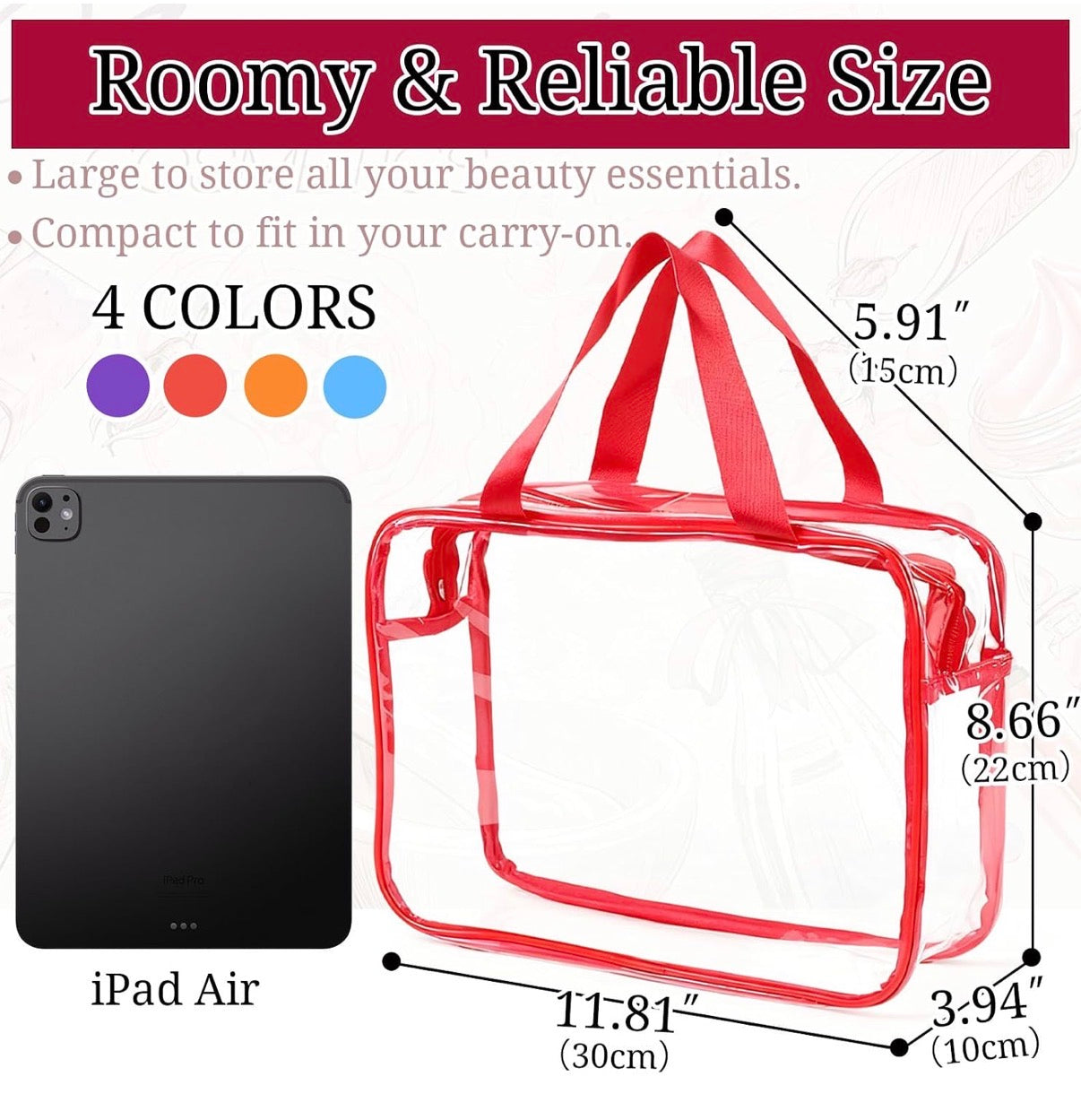 Paquete de 4 bolsas grandes de maquillaje transparente