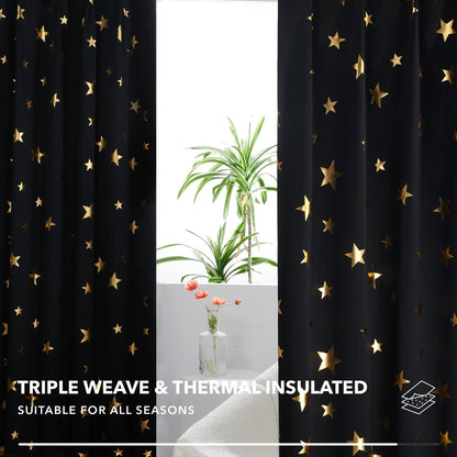 Cortinas Deconovo para habitación infantil con estampado de estrellas doradas metalizadas y efecto oscurecedor (juego de 2 paneles)
