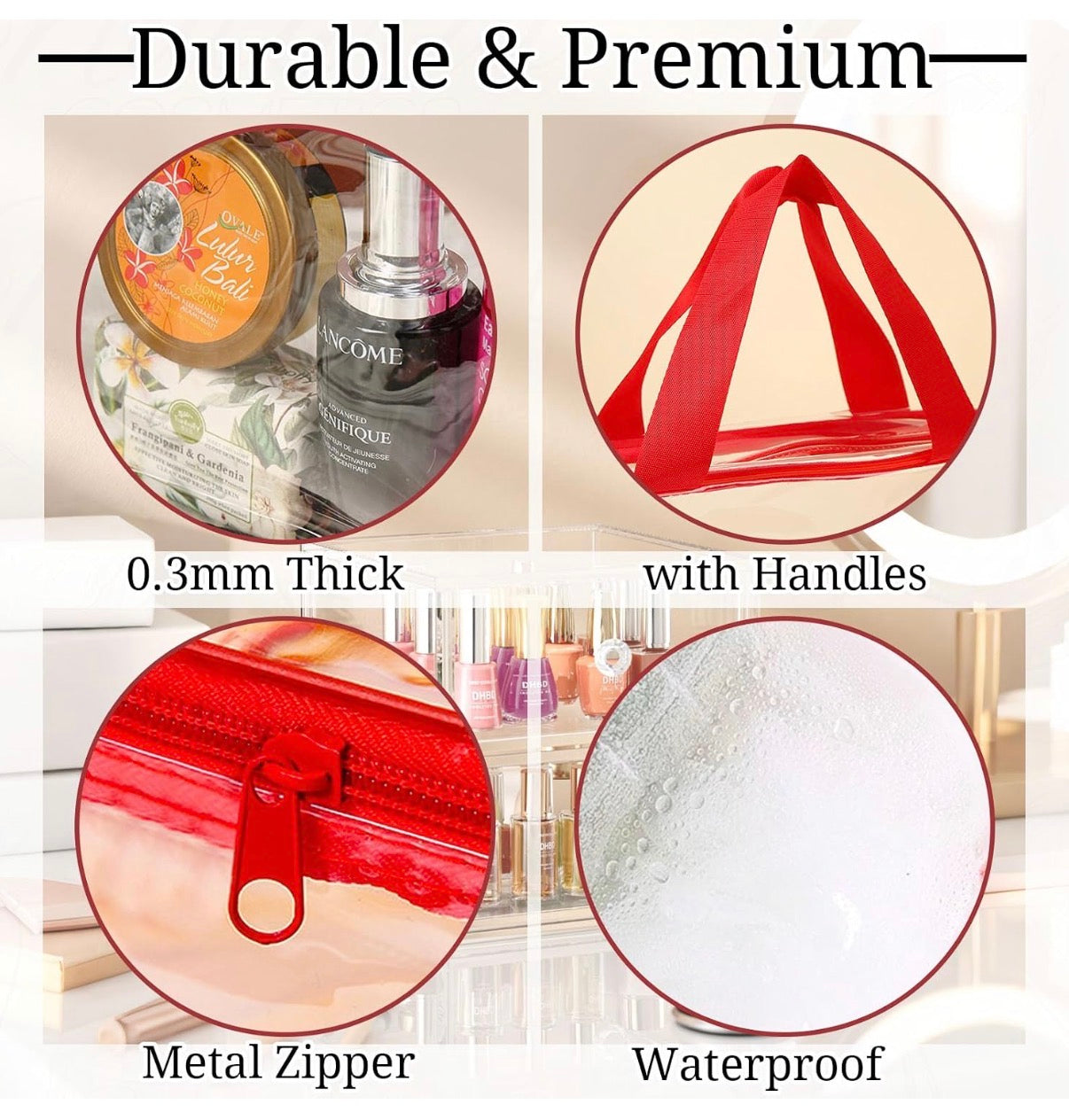 Paquete de 4 bolsas grandes de maquillaje transparente