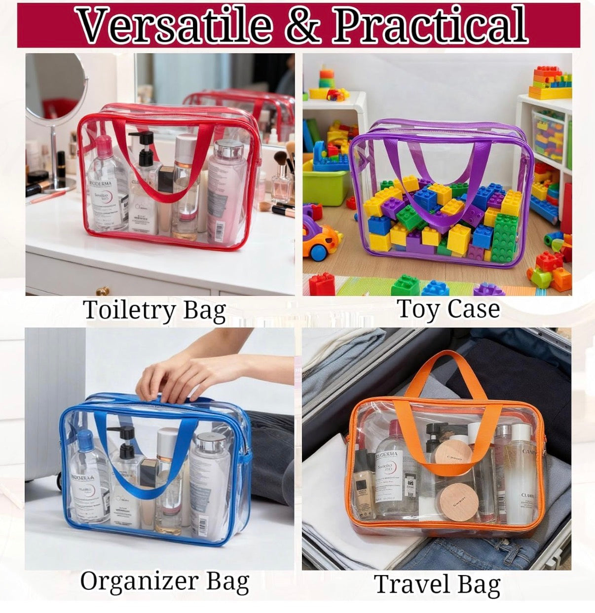 Paquete de 4 bolsas grandes de maquillaje transparente