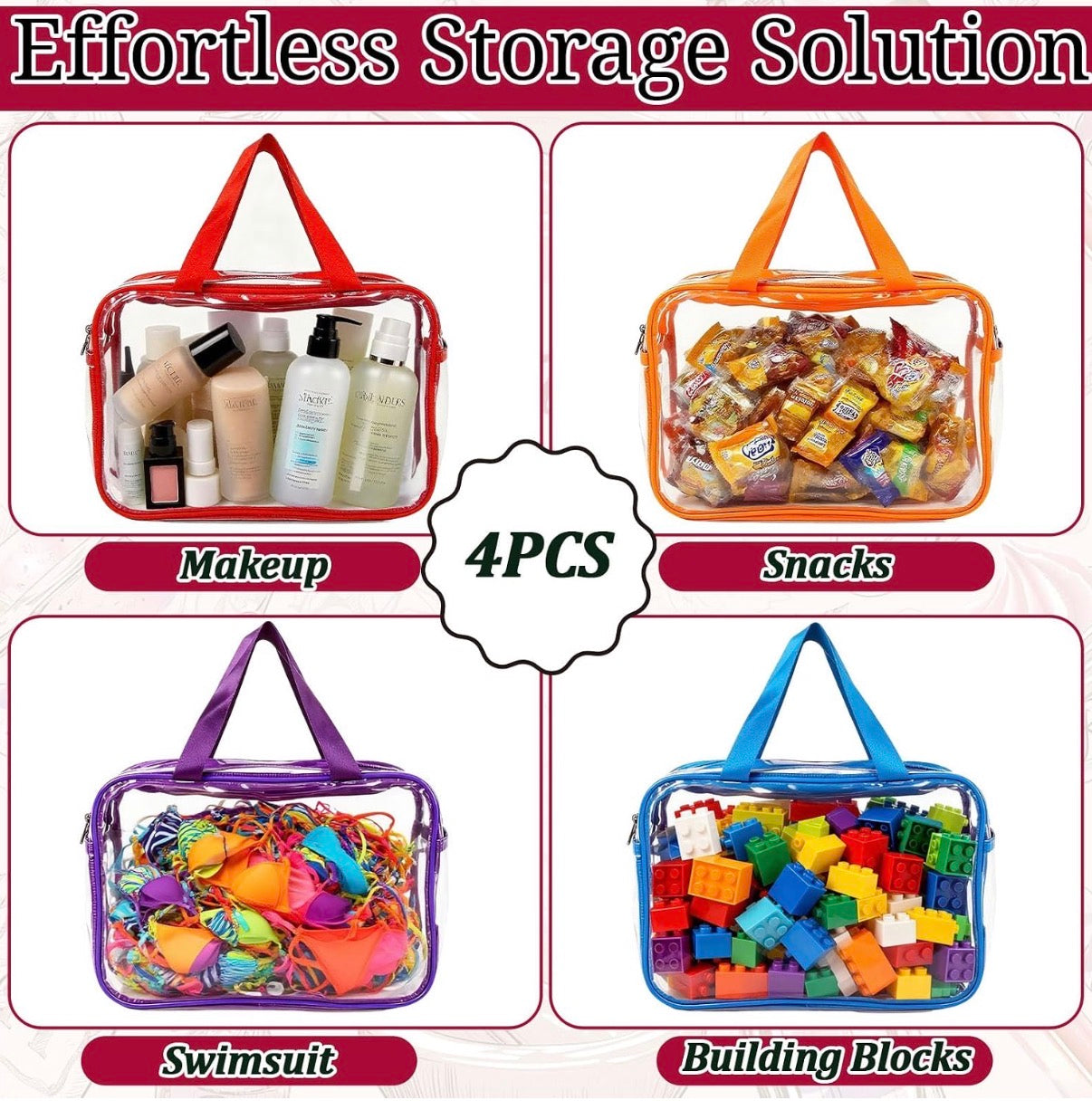 Paquete de 4 bolsas grandes de maquillaje transparente