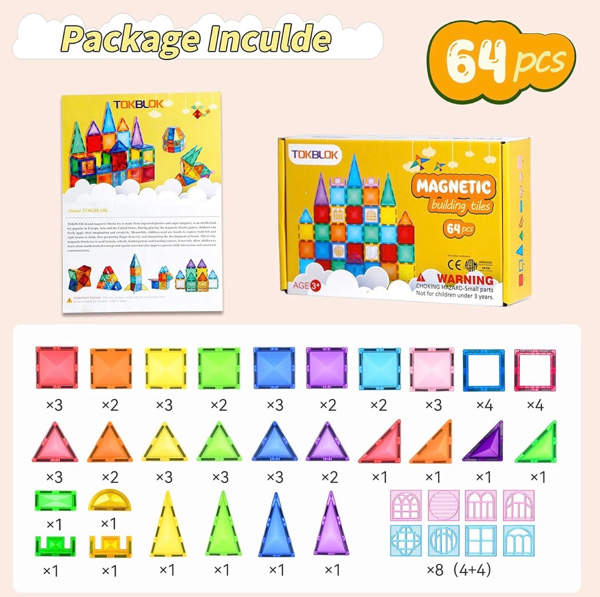 TOKBLOK 64Pcs Clear Diamond Magnetic Tiles - STEM Educational