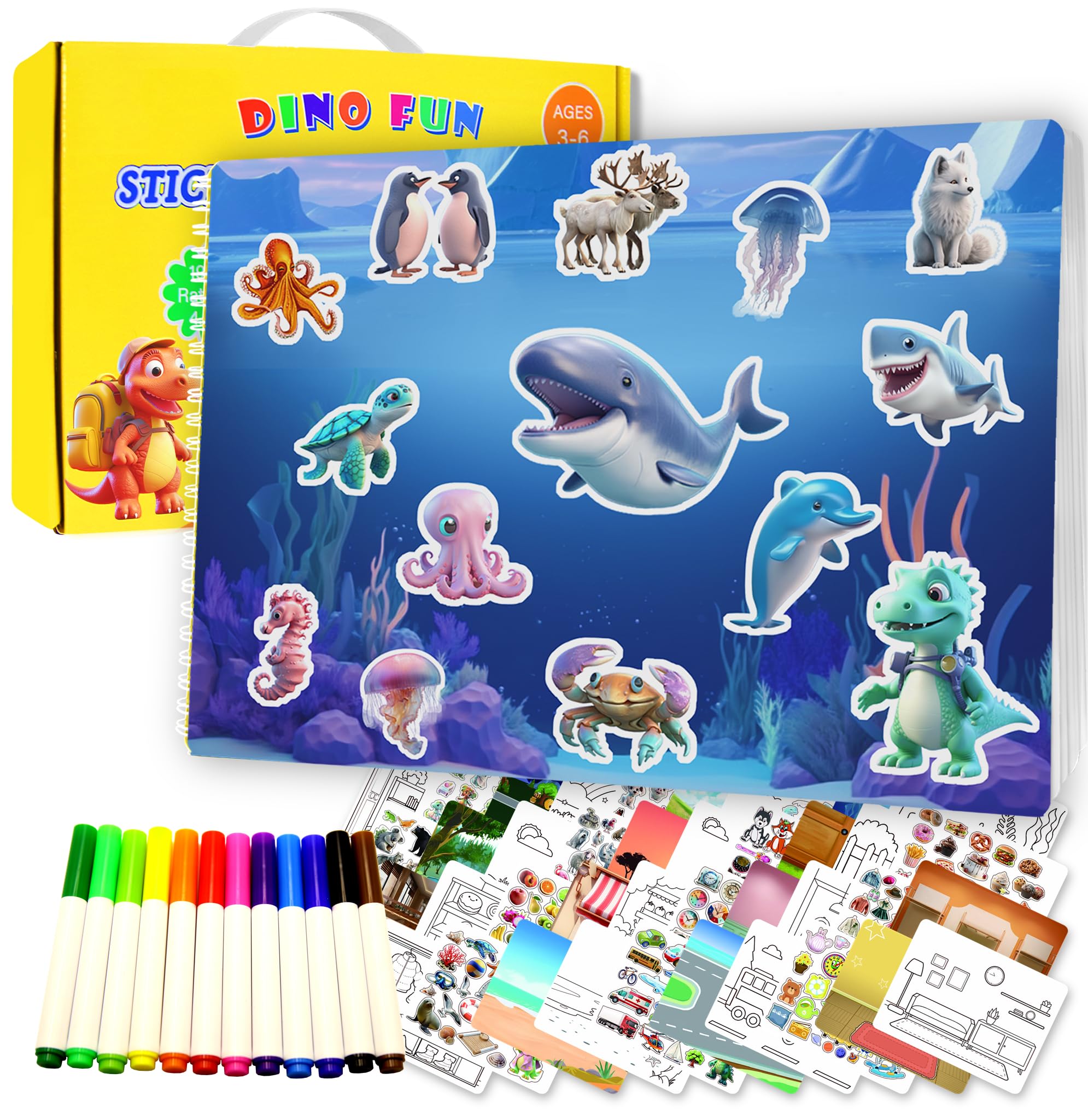 Dino Fun Libro de calcomanías y colorear para niños de 3 a 6 años