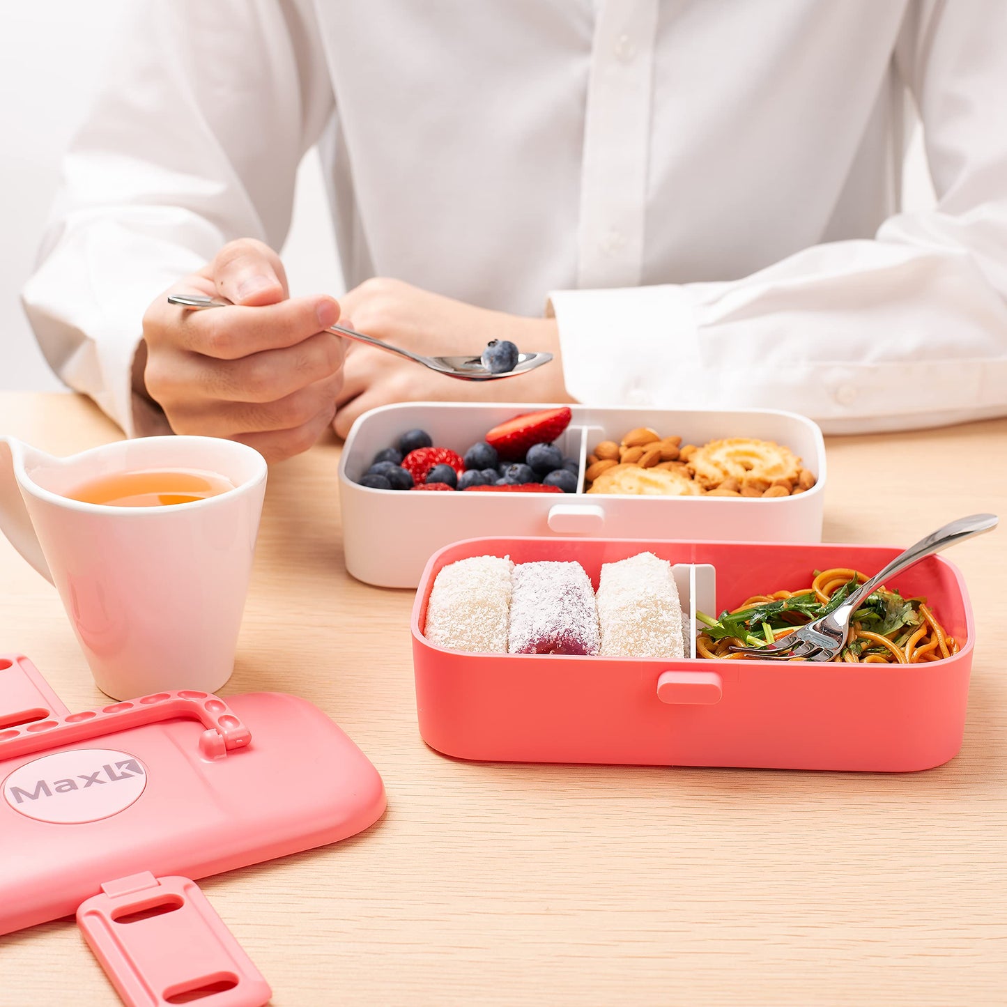 Max K Caja Bento con cubiertos de acero inoxidable y asas de transporte