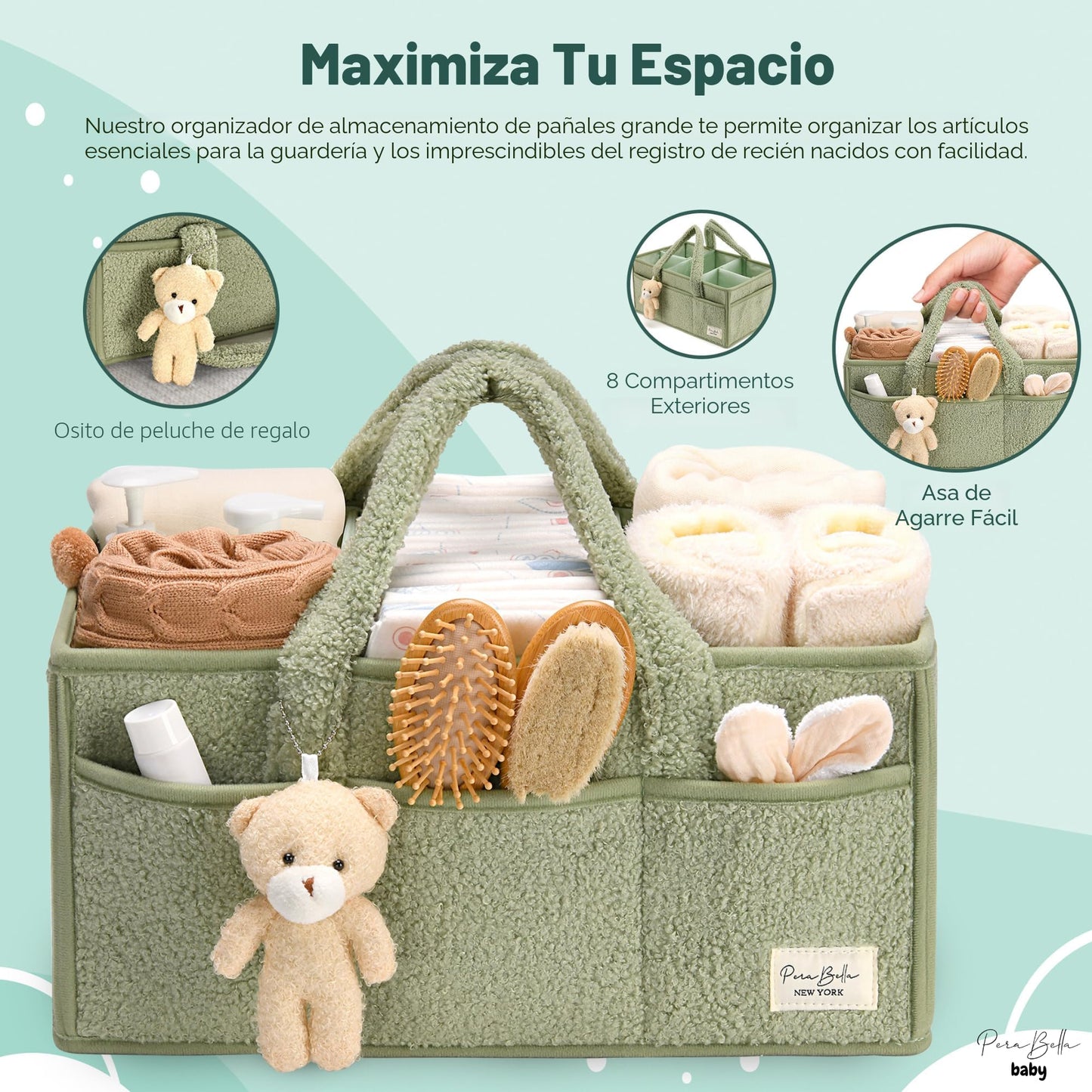 PeraBella Organizador de pañales para cambiador, cesta de almacenamiento para toallitas