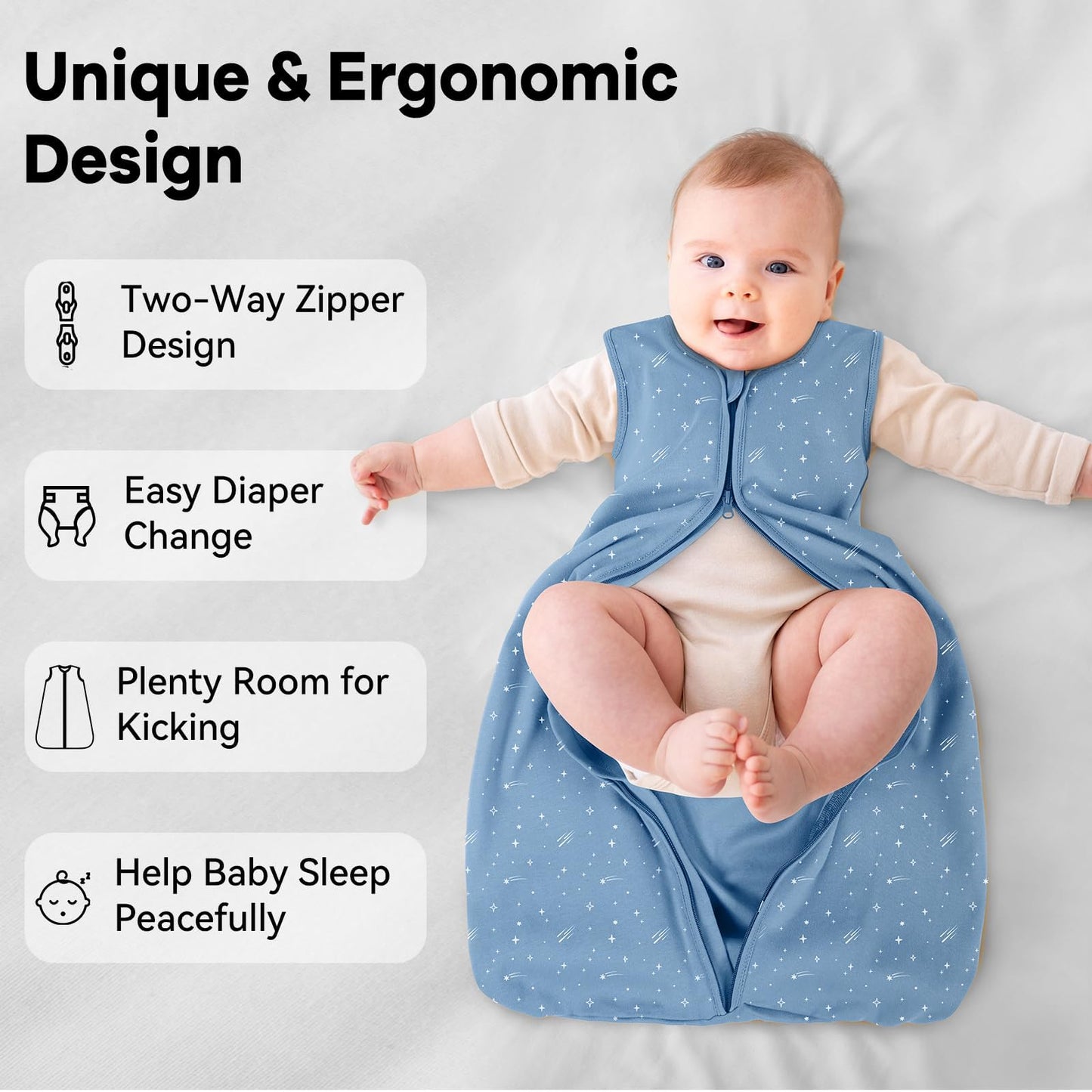Unnivoll - Saco de dormir para bebé de 6 a 12 meses, paquete de 3 unidades, 100 % de algodón, ligero, con un TOG de 0.5