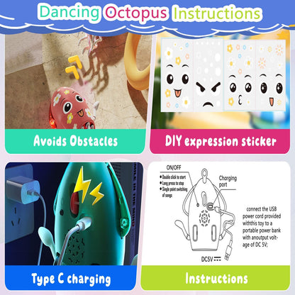 Juguete de pulpo bailarín, juguete eléctrico para gatear con luces y música