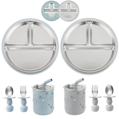 Juego de alimentación para bebés de acero inoxidable | 2 platos de succión divididos