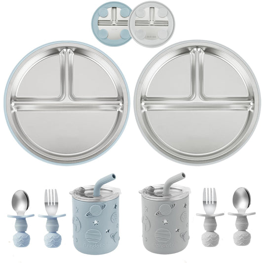 Juego de alimentación para bebés de acero inoxidable | 2 platos de succión divididos