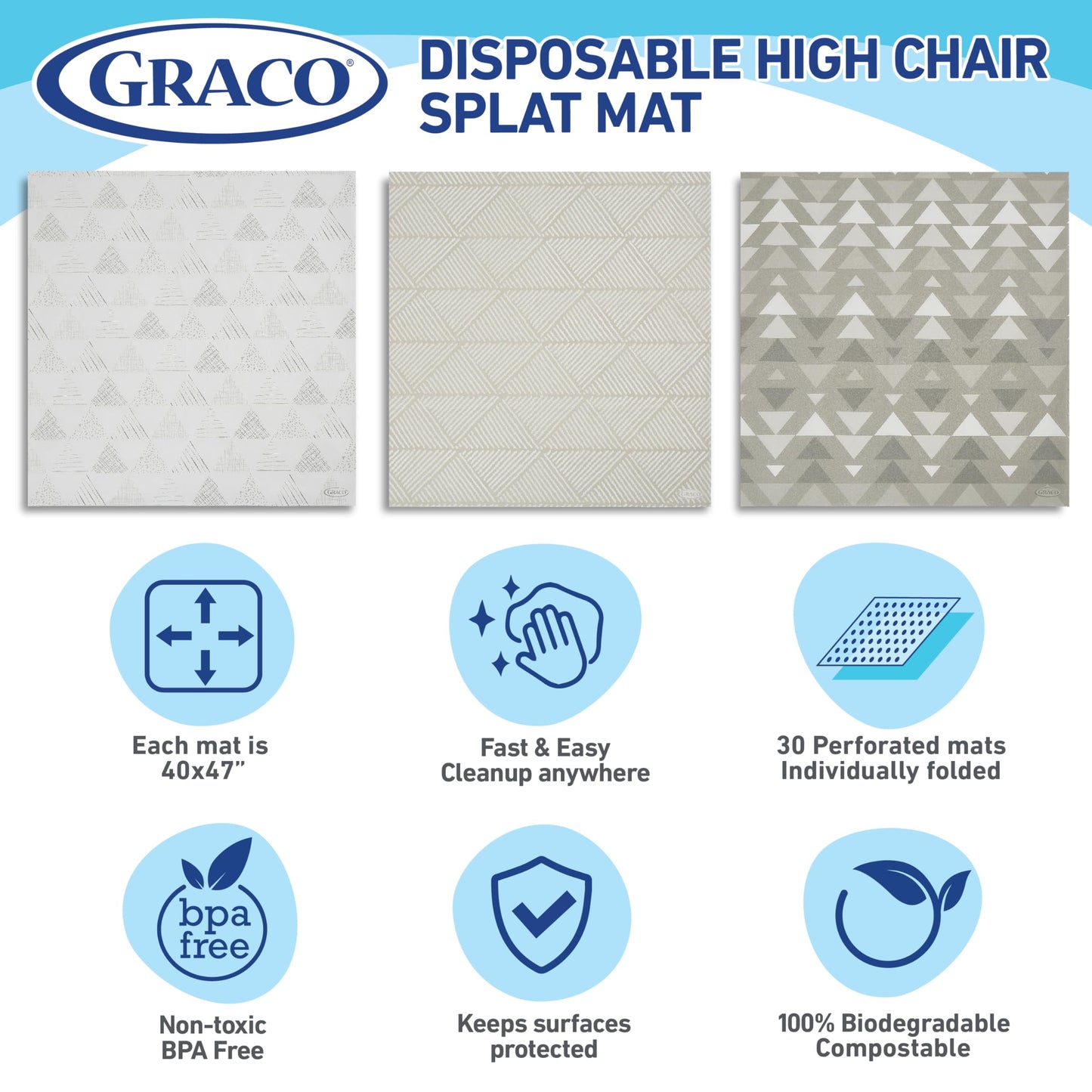 Tapetes desechables Graco Baby Splat, 3 diseños sutiles, paquete de 30 (10 de cada uno), 47" x 40"