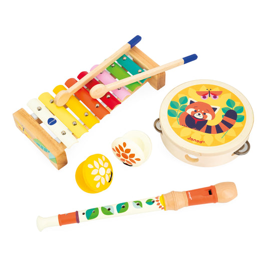 Janod - Juego de música Gioia con pandereta, grabadora, maracas y xilófono - 15 pulgadas de largo