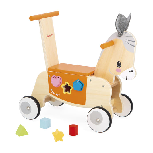 Janod - Paseo de burro de madera con clasificador de formas integrado - Función de andador - Ruedas silenciosas