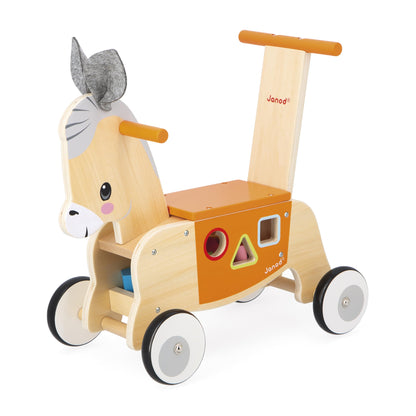 Janod - Paseo de burro de madera con clasificador de formas integrado - Función de andador - Ruedas silenciosas