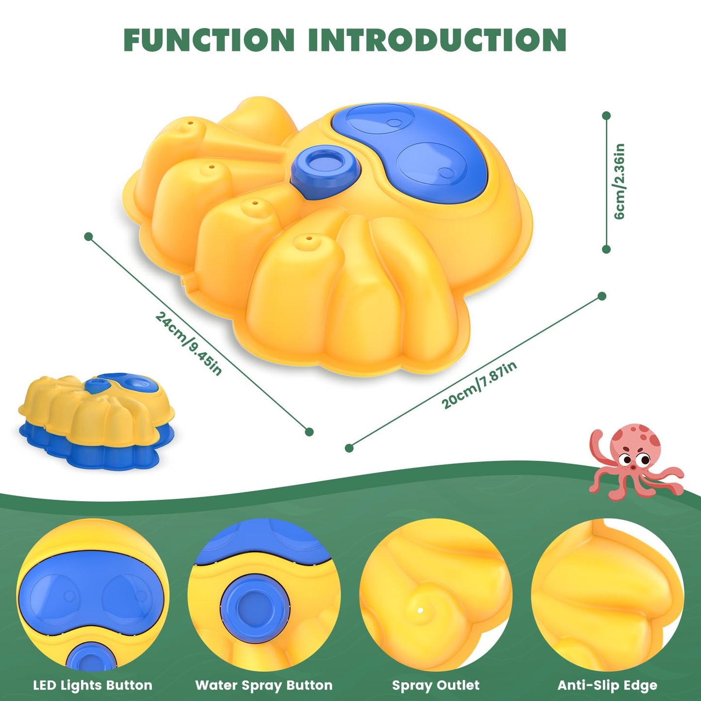 Aspersor de agua 2 en 1 para niños y piedra de equilibrio - Juguete de jardín de pulpo brillante con luces LED