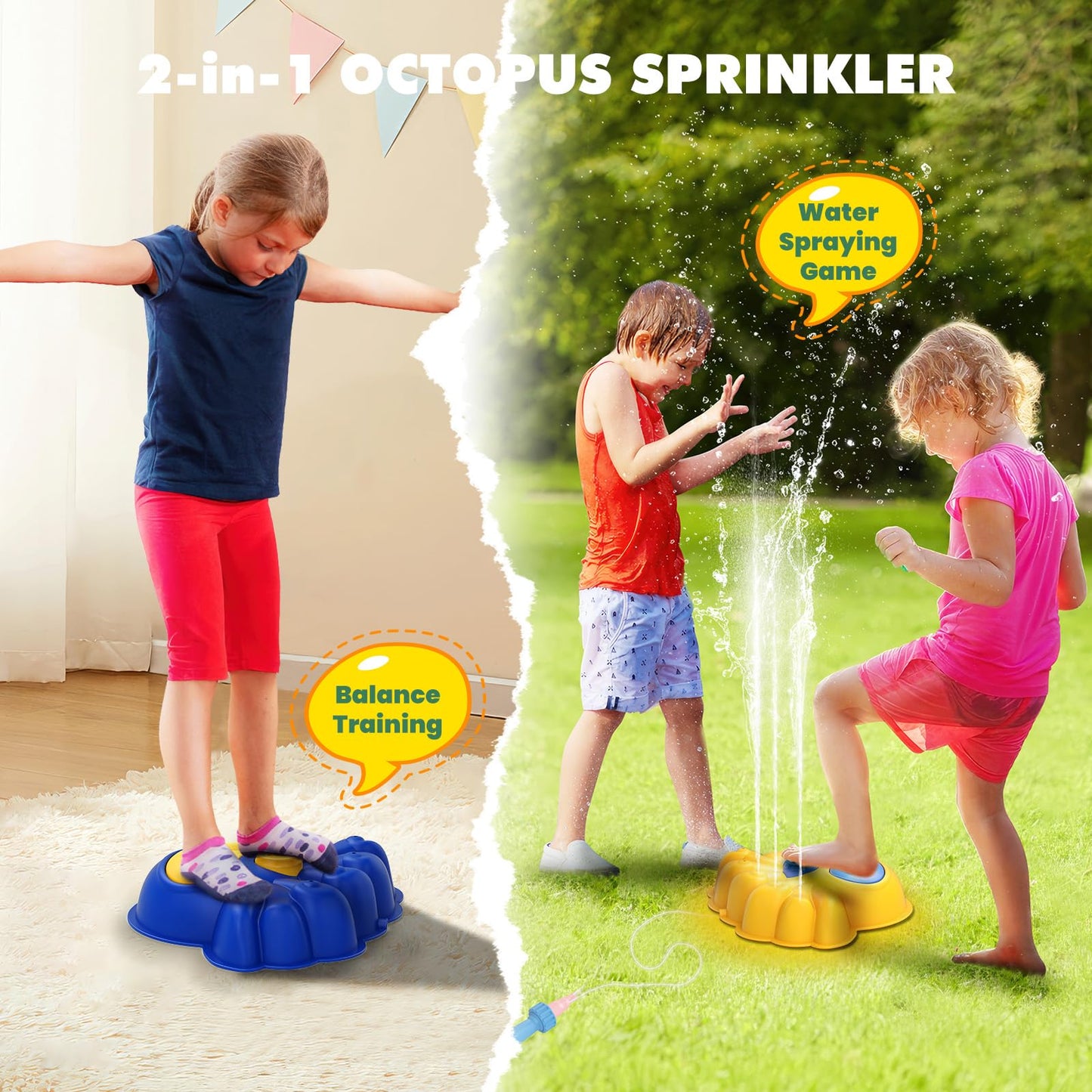 Aspersor de agua 2 en 1 para niños y piedra de equilibrio - Juguete de jardín de pulpo brillante con luces LED