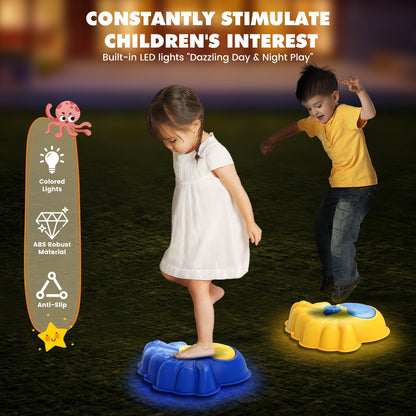 Aspersor de agua 2 en 1 para niños y piedra de equilibrio - Juguete de jardín de pulpo brillante con luces LED