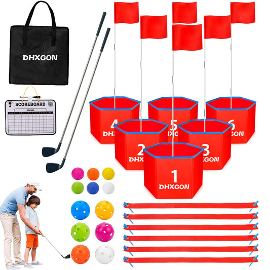 Juego de golf para patio trasero con 2 palos, campo de golf portátil de 6 agujeros