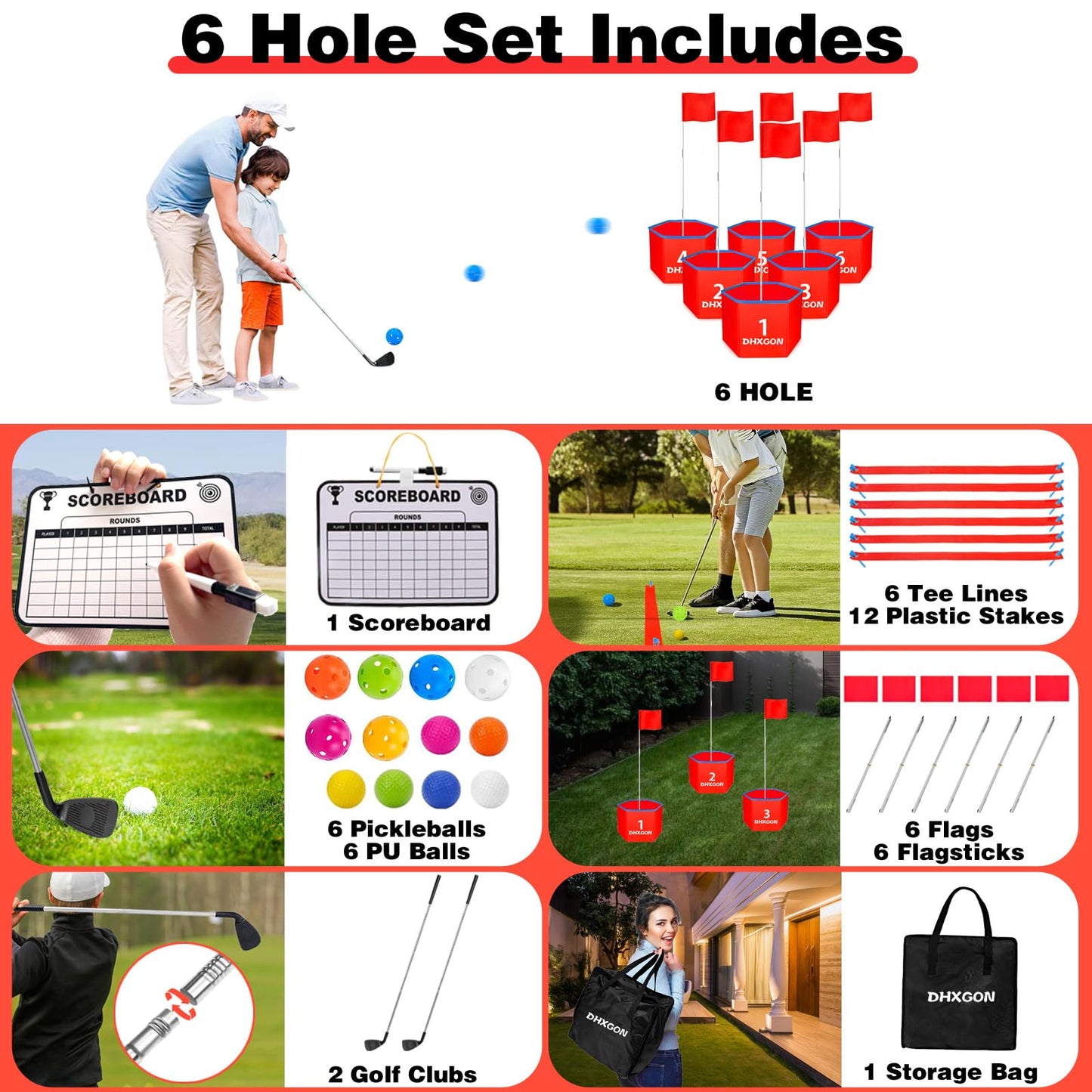 Juego de golf para patio trasero con 2 palos, campo de golf portátil de 6 agujeros