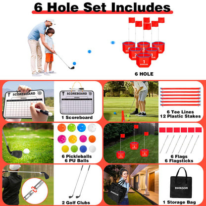 Juego de golf para patio trasero con 2 palos, campo de golf portátil de 6 agujeros