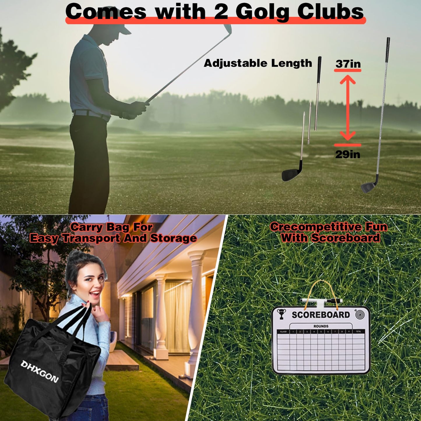 Juego de golf para patio trasero con 2 palos, campo de golf portátil de 6 agujeros