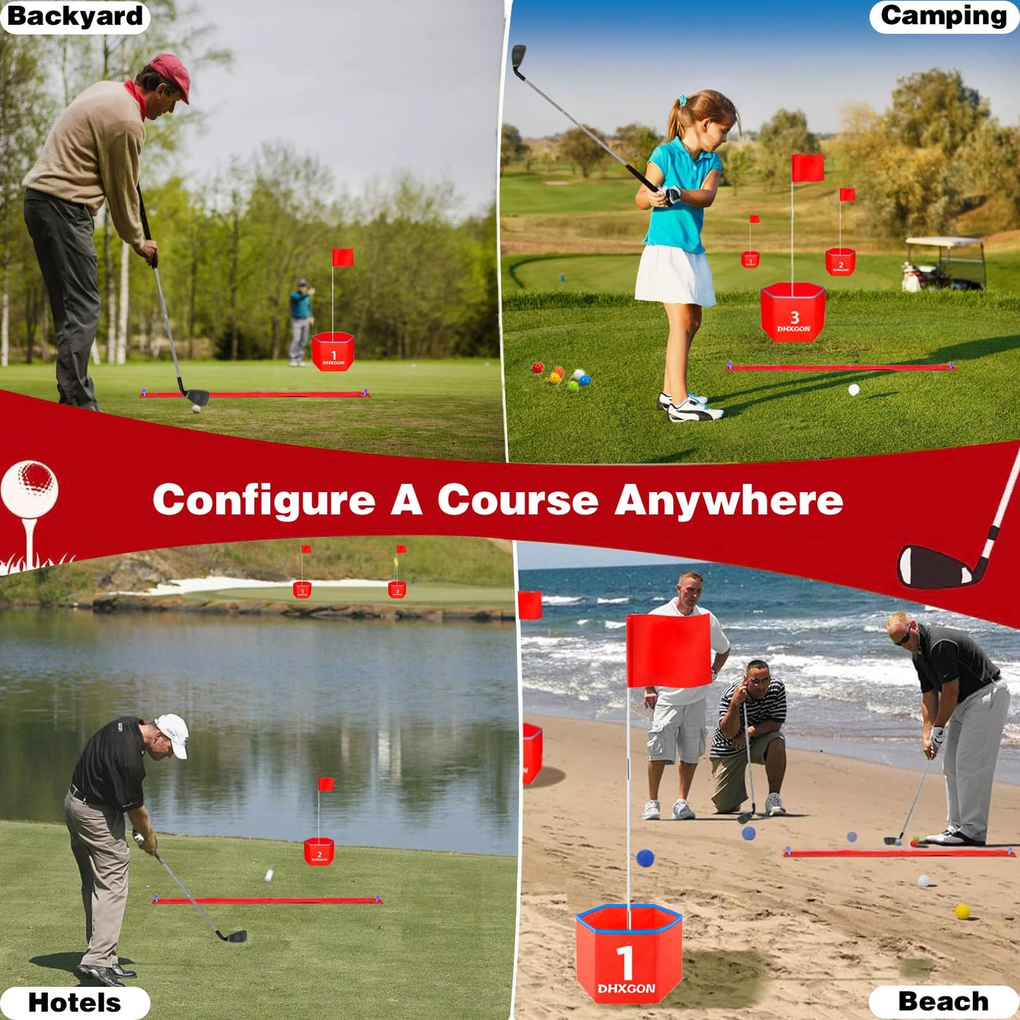 Juego de golf para patio trasero con 2 palos, campo de golf portátil de 6 agujeros