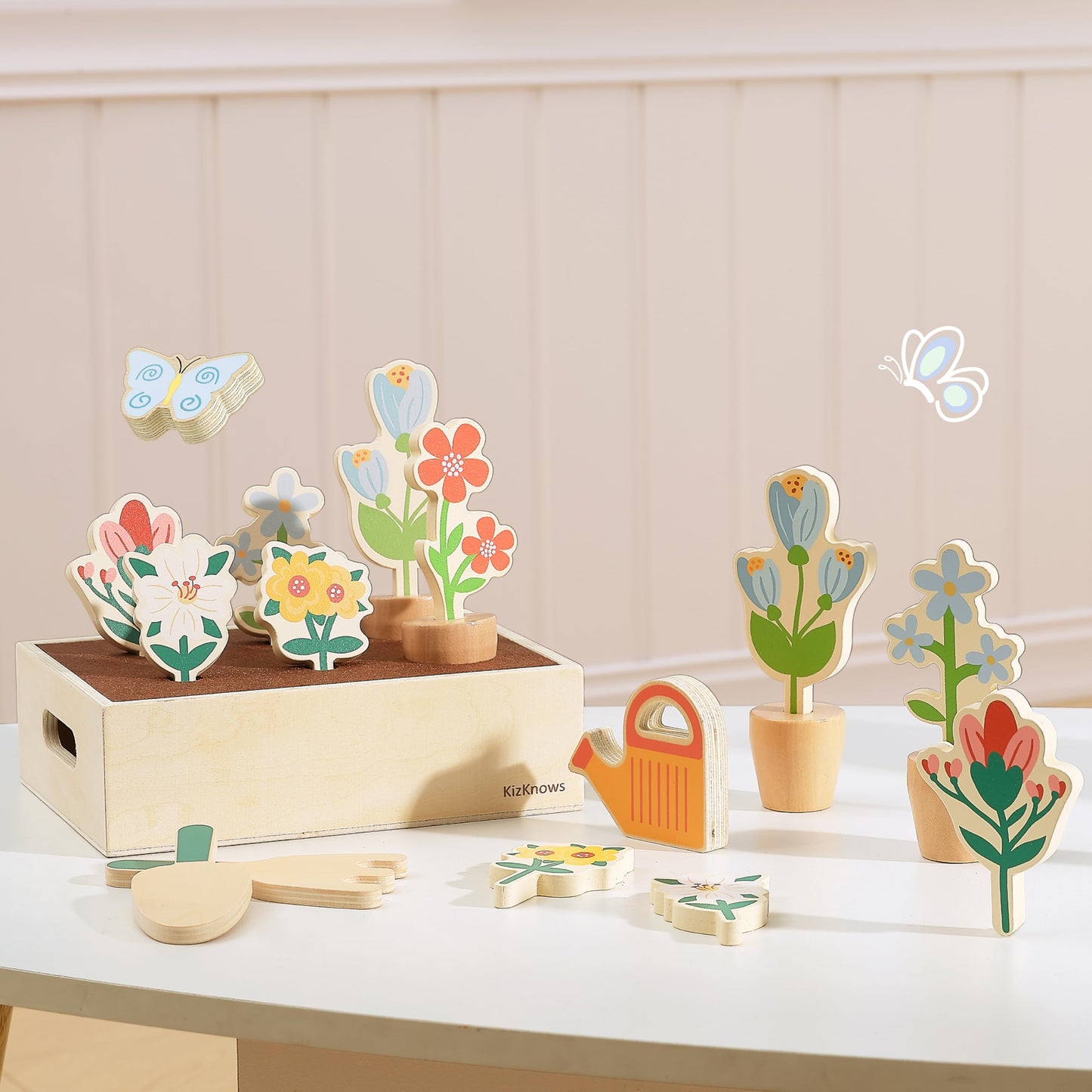 Juego de jardín de flores de madera para niños pequeños de 3 años en adelante