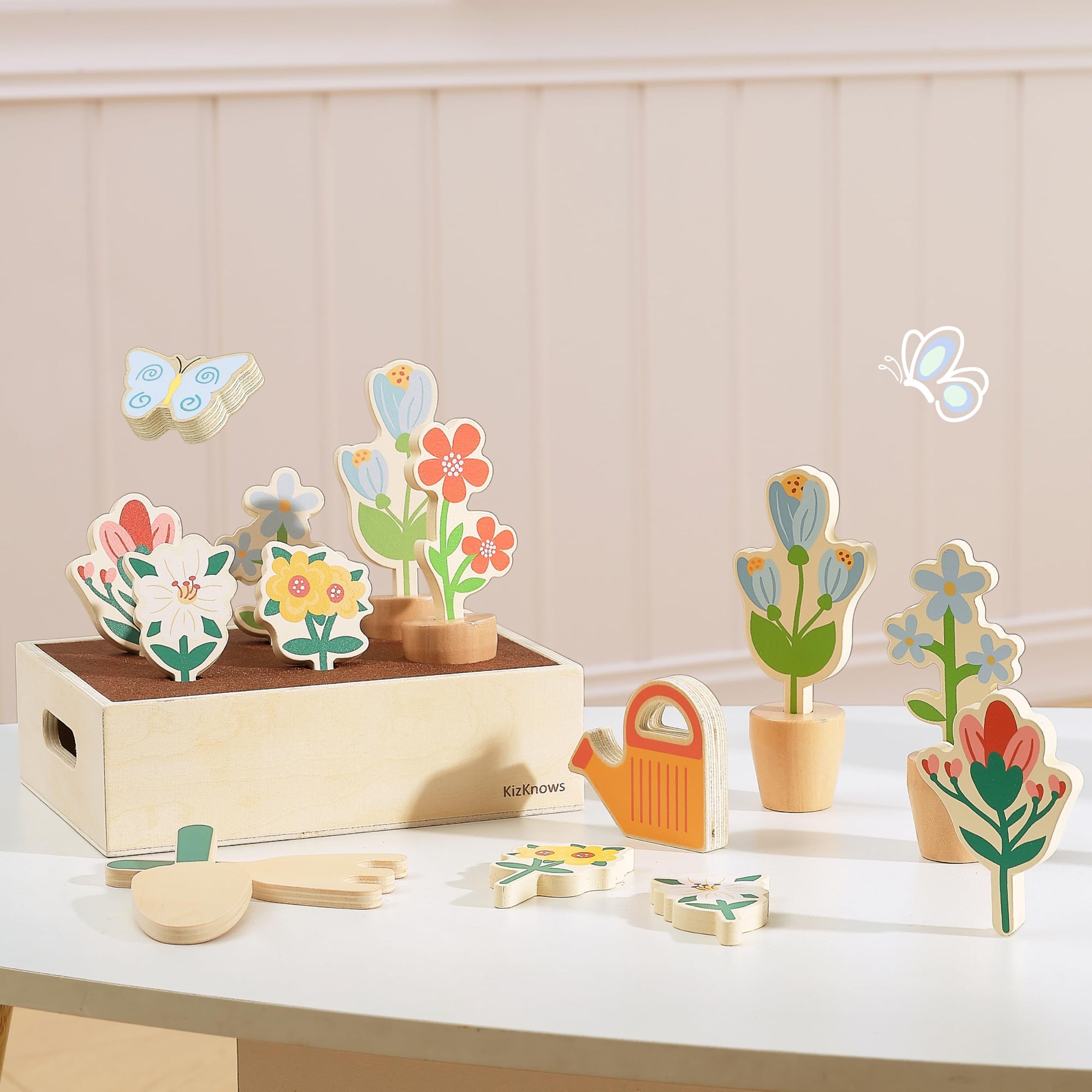 Juego de jardín de flores de madera para niños pequeños de 3 años en adelante
