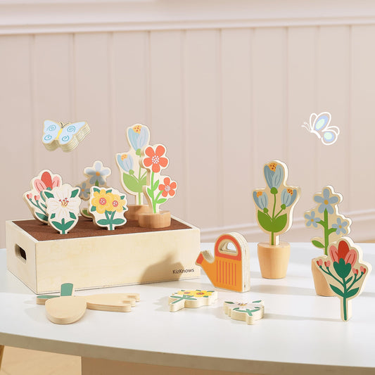Juego de jardín de flores de madera para niños pequeños de 3 años en adelante