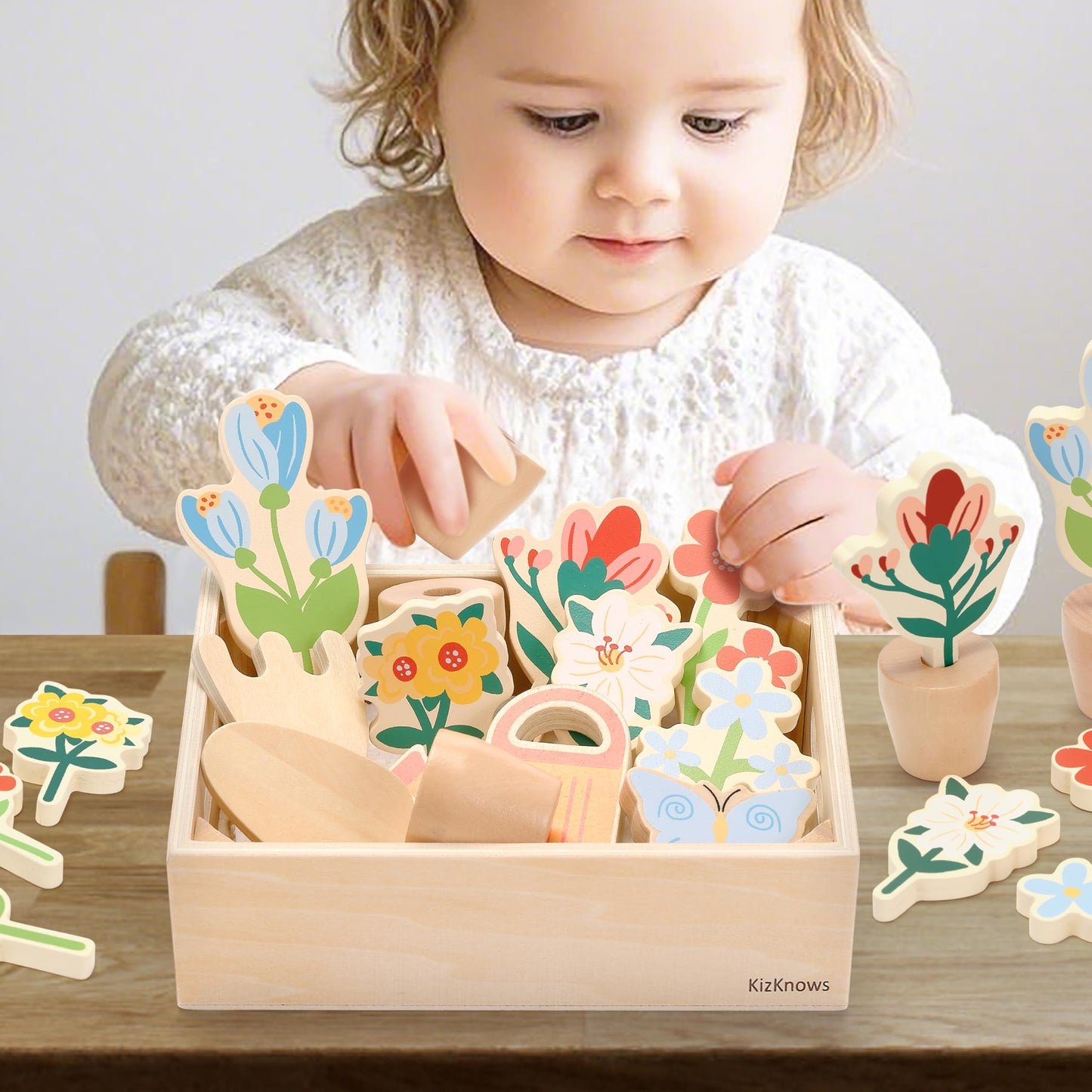 Juego de jardín de flores de madera para niños pequeños de 3 años en adelante