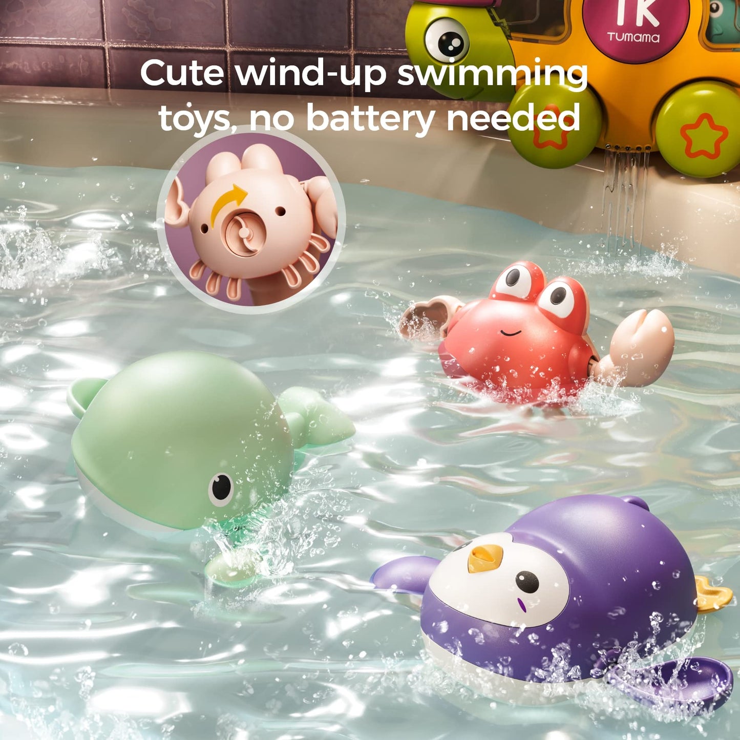 TUMAMA Juguete de baño de tortuga con 3 juguetes de cuerda, rueda de agua giratoria/ojos