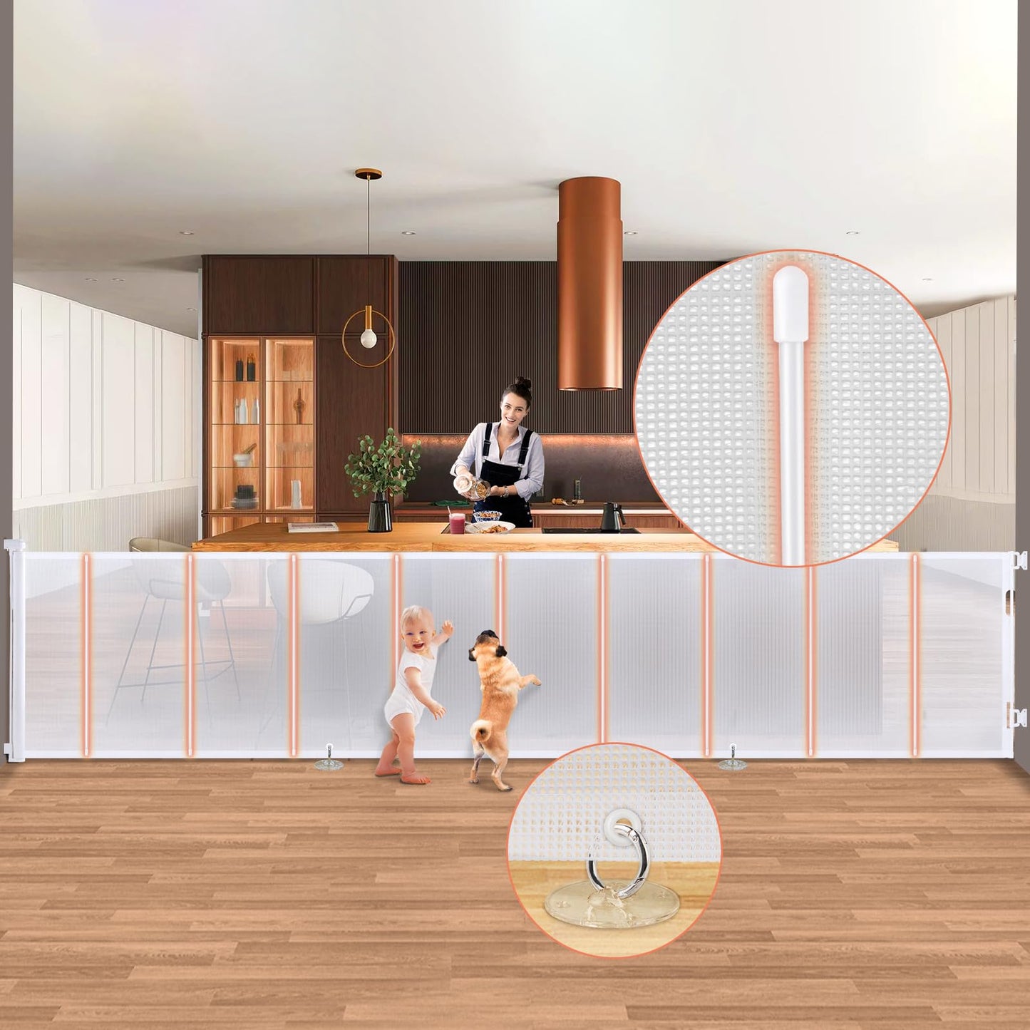 Puertas retráctiles para bebés extra anchas de 150 x 34 pulgadas de alto para gran apertura