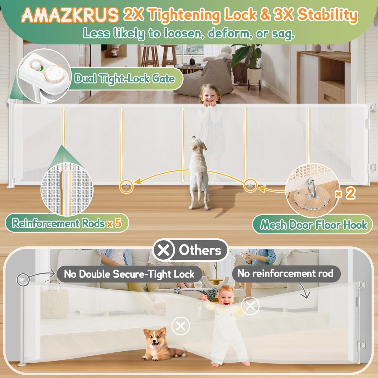 Puertas retráctiles para bebés extra anchas de 150 x 34 pulgadas de alto para gran apertura
