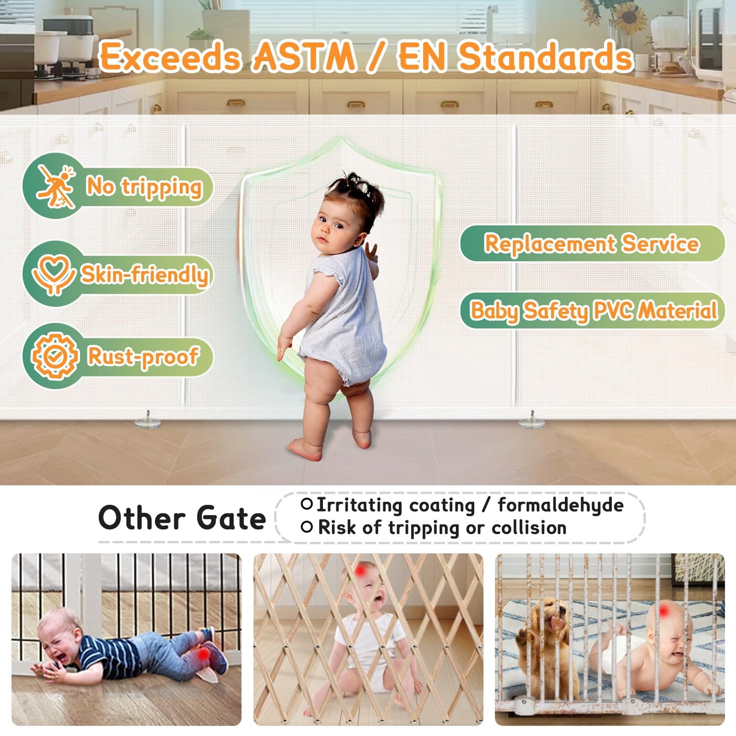Puertas retráctiles para bebés extra anchas de 150 x 34 pulgadas de alto para gran apertura