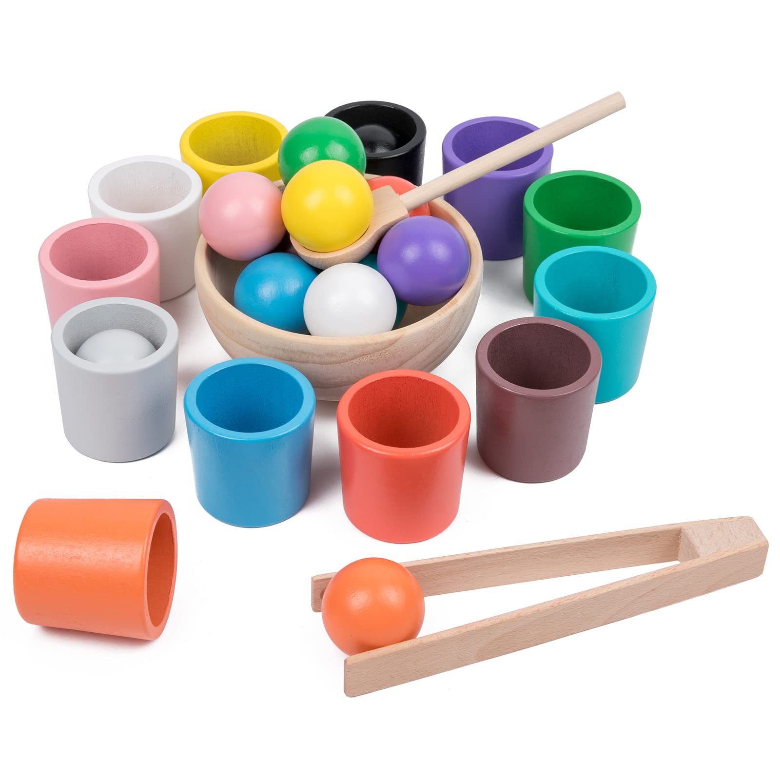 Bolas de madera y tazas de juguete Montessori clasificadoras de colores, juego educativo de madera con 12 tazas, 12 bolas grandes de 1.6 in