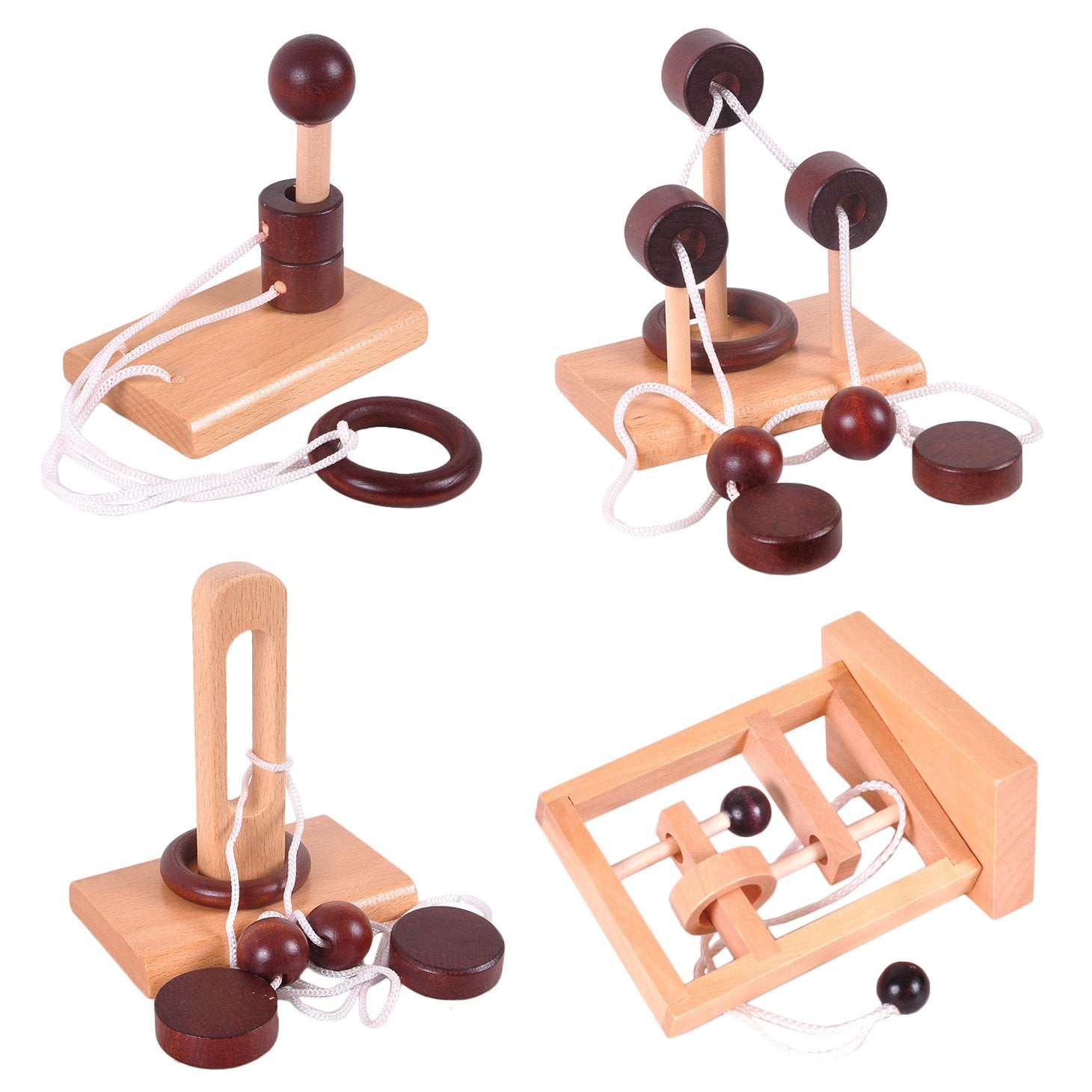Juego de 4 de rompecabezas de madera clásica cuerda de solución central