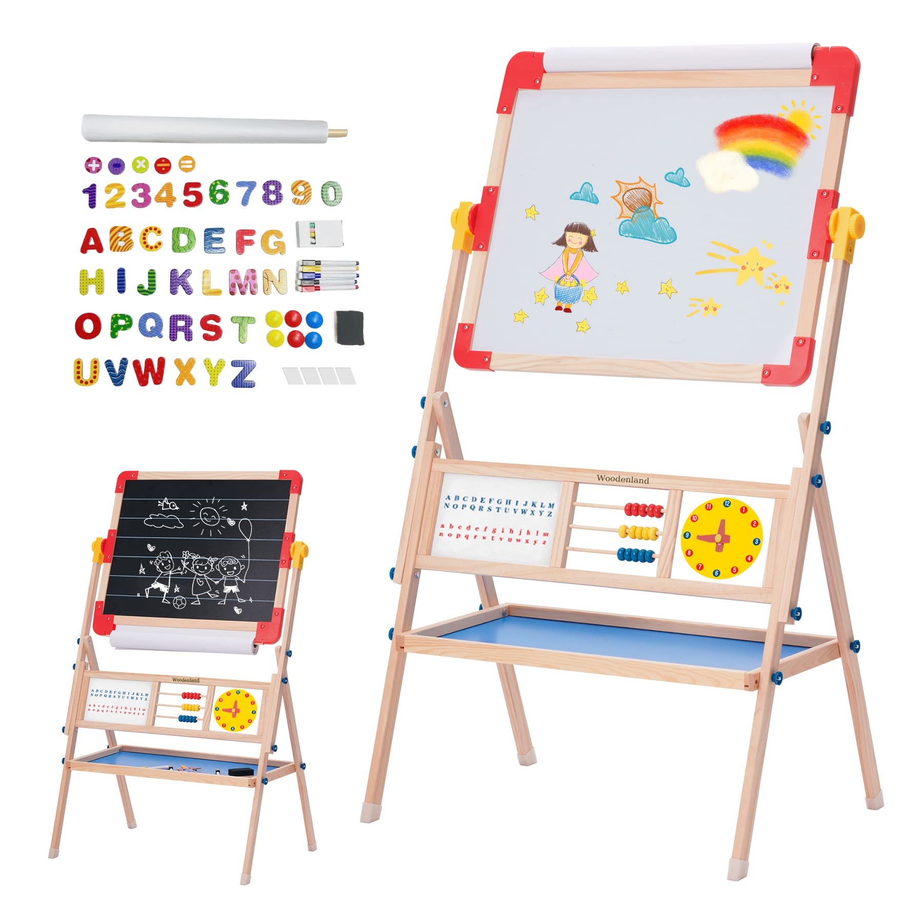 Caballete de arte Woodenland para niños, pizarra blanca y pizarra con ábaco