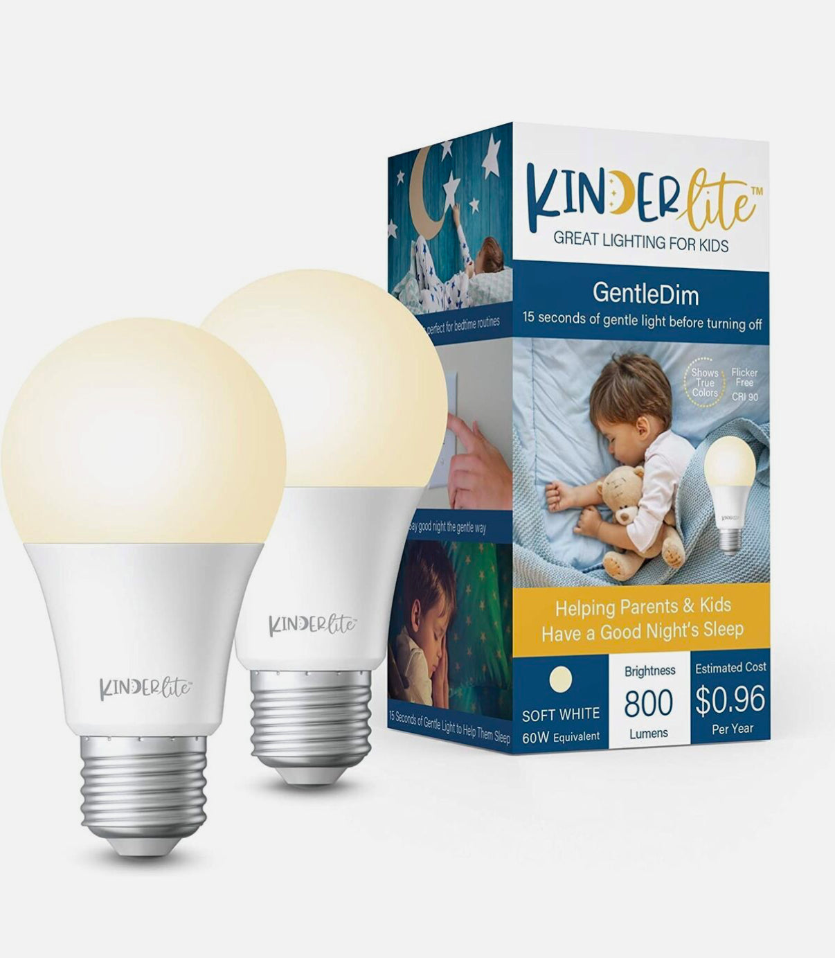 Paquete de 2 bombas Kinderlite suave atenuado blanco 60W, 800 LÚMENES