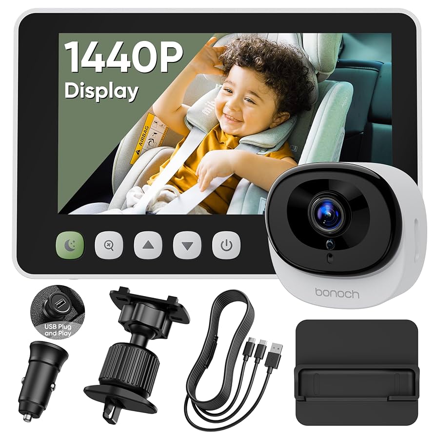 bonoch Cámara de coche de bebé de 5 pulgadas 1440P – Espejo giratorio de 360 grados para asiento trasero