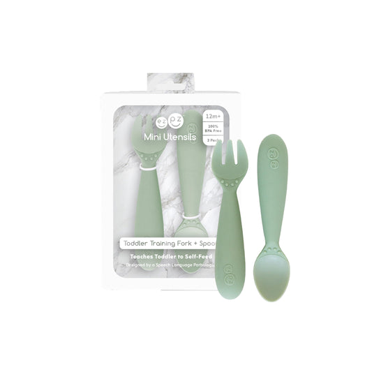 ezpz Mini Utensilios - 12 Meses+ (Tenedor y cuchara en Sage) - Tenedor y cuchara 100% libres de BPA