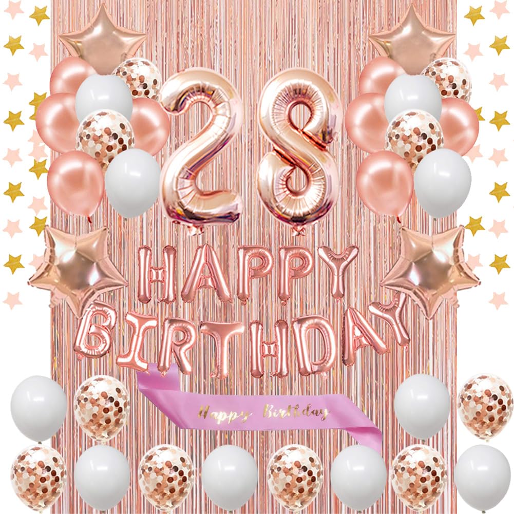 Decoraciones de cumpleaños número 28, pancarta y banda de cumpleaños de color oro rosa con globos del número 28