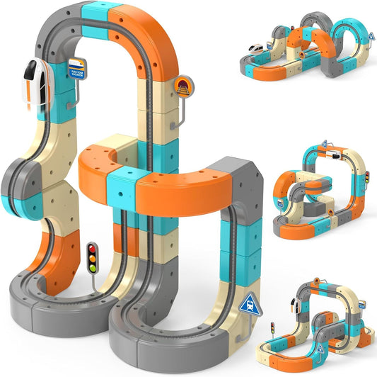 Juego de tren eléctrico 3D con vías, 82 piezas