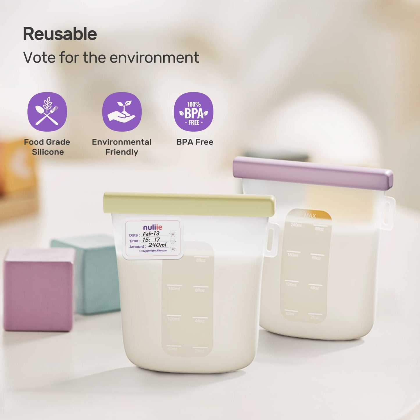 Nuliie 7 bolsas de silicona para almacenamiento de leche materna reutilizables, 8 oz/240 ml