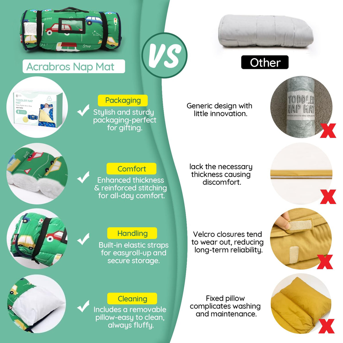 ACRABROS Tapete para siesta para niños pequeños con almohada y manta