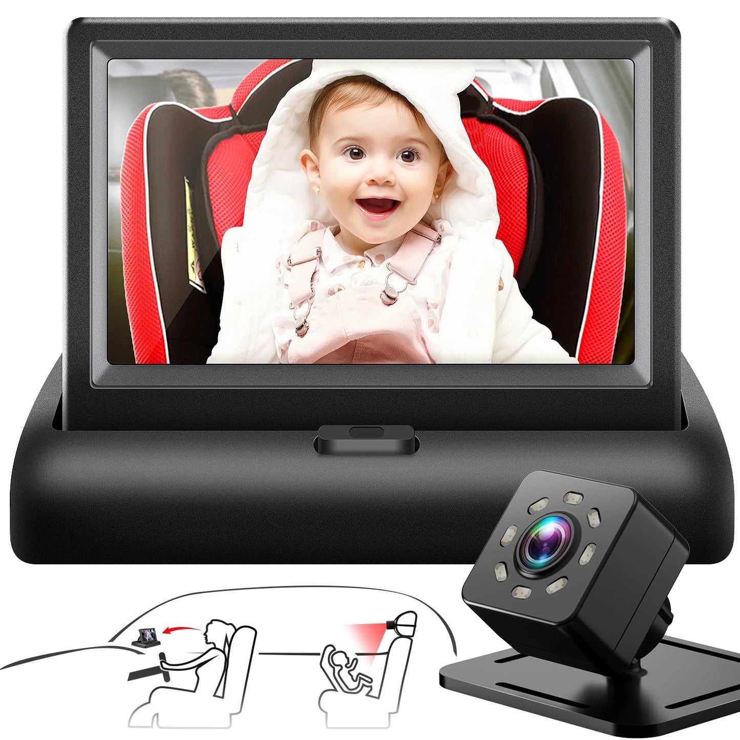 Espejo de coche para bebé con pantalla de función de visión nocturna HD de 4.3 pulgadas