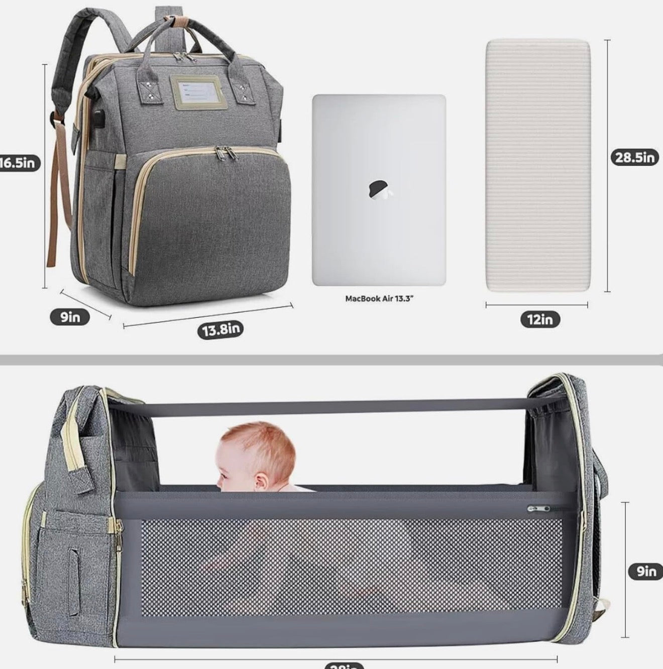 Mochila pañalera con cambiador gris