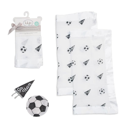 Lulujo Manta de seguridad para bebé, suave y transpirable, muselina de algodón, 16 x 16 pulgadas, fútbol