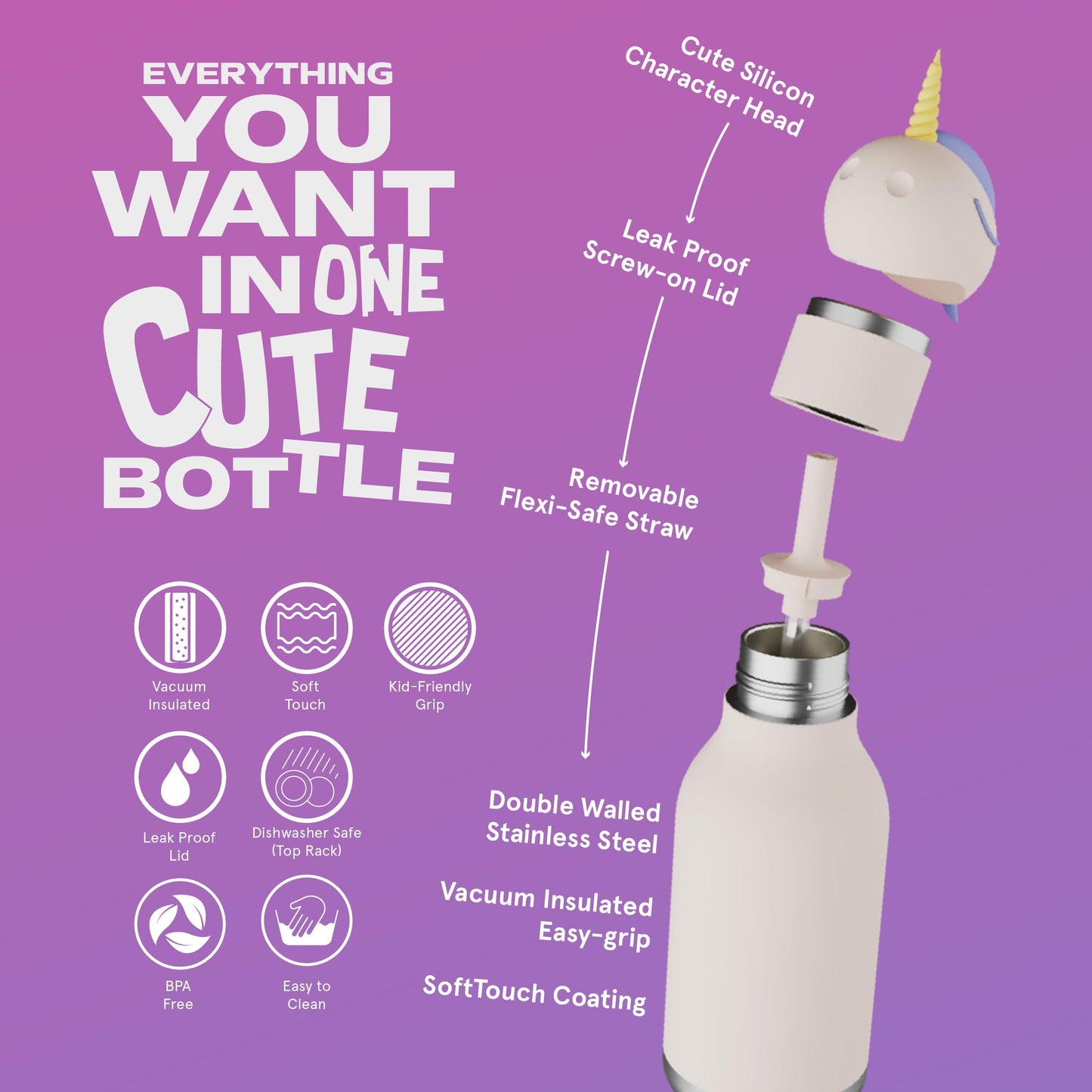 Bestie Bottle Botella de Agua Aislada de Acero Inoxidable con Cabeza de Animal Suave